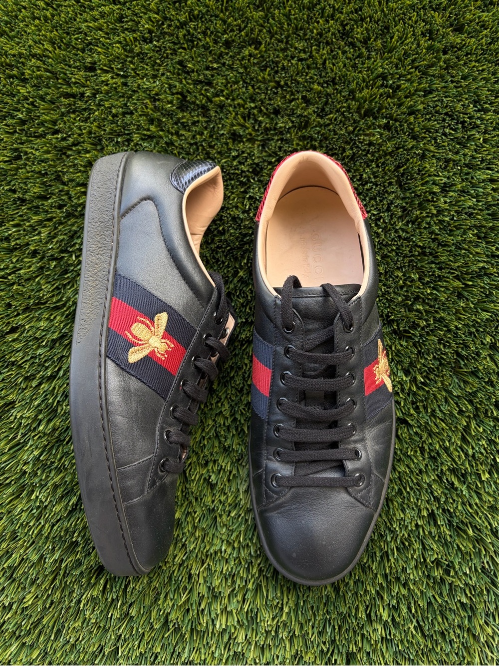 Gucci Black Leather Sneakers with Red & Blue Stripe and Gold Bee